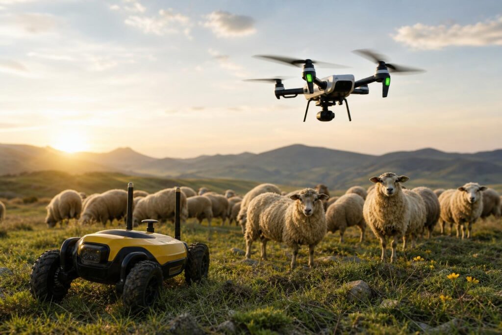 Drones terrestres y aéreos pastoreo y protección del ganado espantapájaros